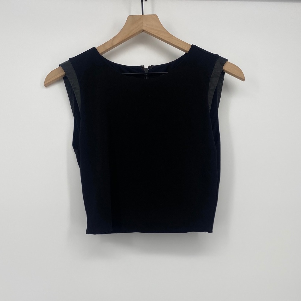 Alice + Olivia Air Crop Top Sleeveless Back Zip Womens Size S Black Leather Trim